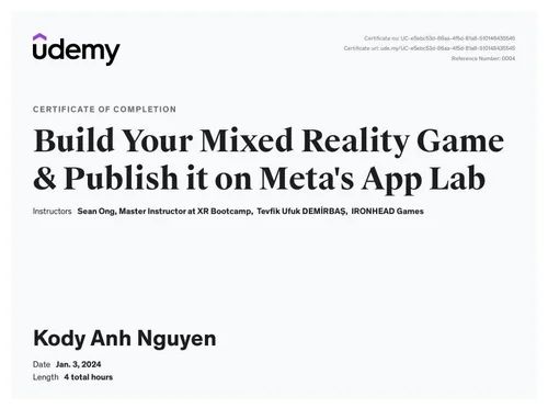 Udemy — Xây dựng game Thực tế hỗn hợp và xuất bản trên App Lab của Meta